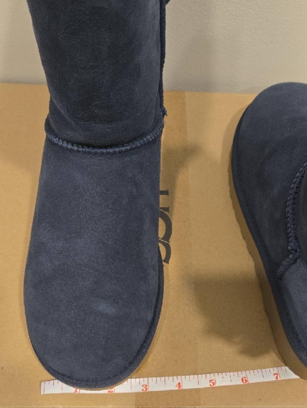UGG Navy Short Suede Boots with Shearling Trim, 2x Bows On Each Boot - Picture 11 of 16